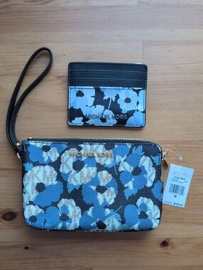 Michael Kors Black and Blue Floral Wristlet with Card Case